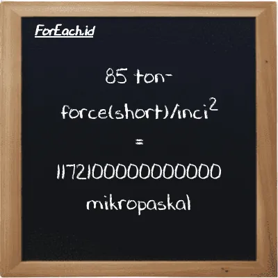 85 ton-force(short)/inci<sup>2</sup> setara dengan 1172100000000000 mikropaskal (85 tf/in<sup>2</sup> setara dengan 1172100000000000 µPa)